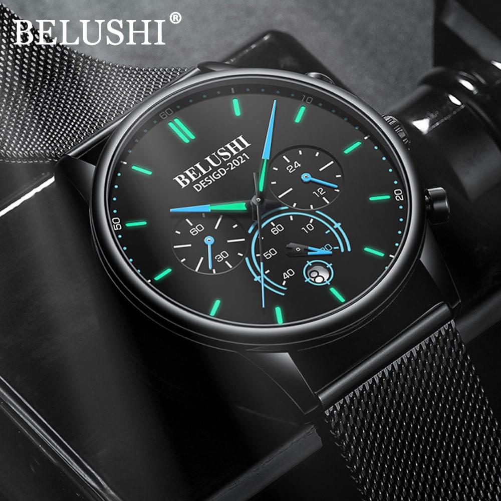 BELUSHI Reloj Ultra Delgado para Hombre, Correa Milanesa de Acero Inoxidable