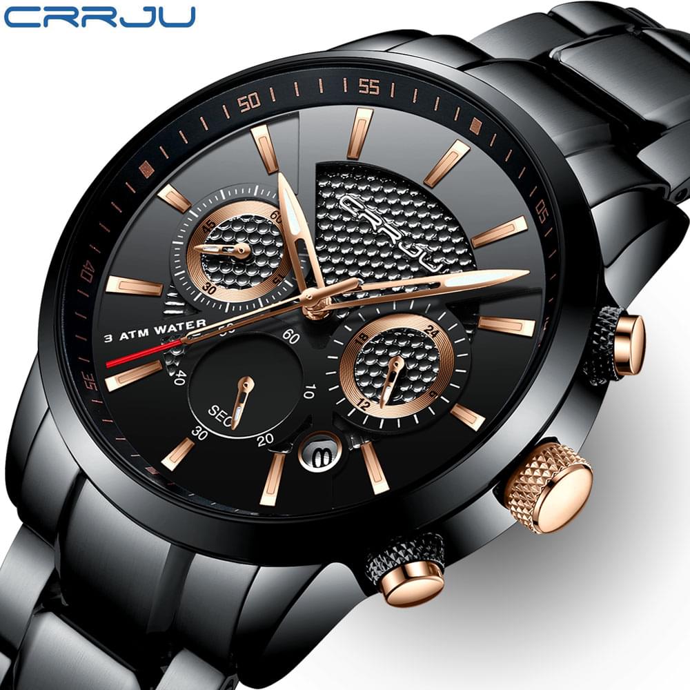 CRRJU – Reloj de Lujo para Hombre con Cronógrafo y Correa de Acero - vista frontal