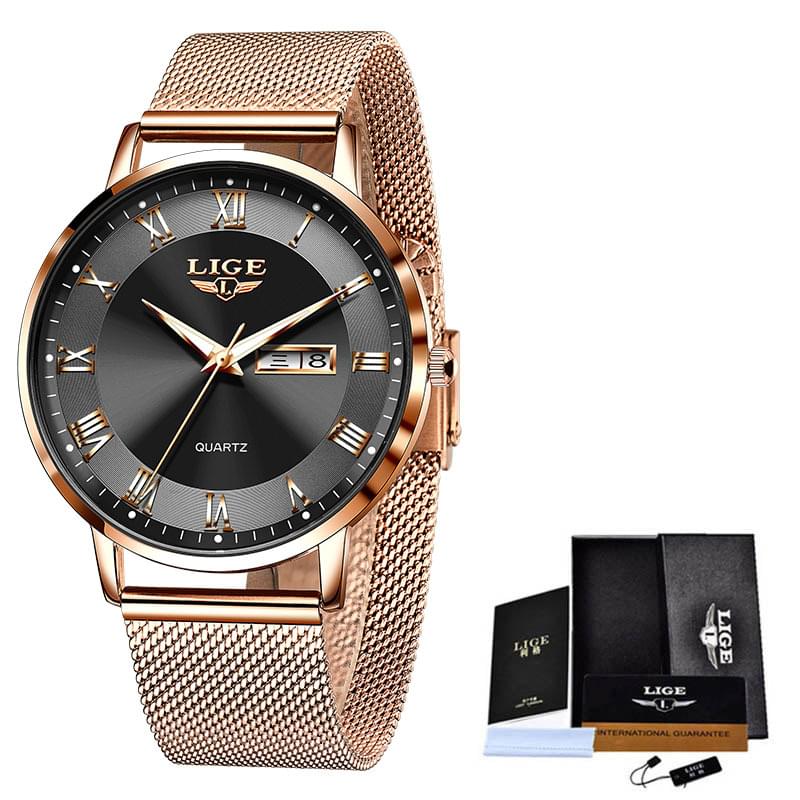 LIGE Reloj Ultra Delgado para Mujer, Doble Calendario y Correa de Malla Milanesa