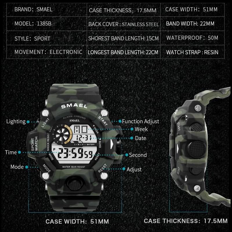 SMAEL 1385C Reloj Digital Militar para Hombre, Resistente al Agua 50M