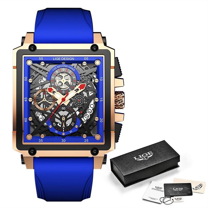 LIGE Reloj Cuadrado Multifunción para Hombre, Cronógrafo y Resistente al Agua 30M
