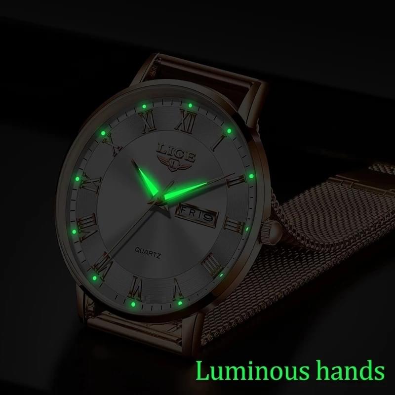 LIGE Reloj Ultra Delgado para Mujer, Doble Calendario y Correa de Malla Milanesa