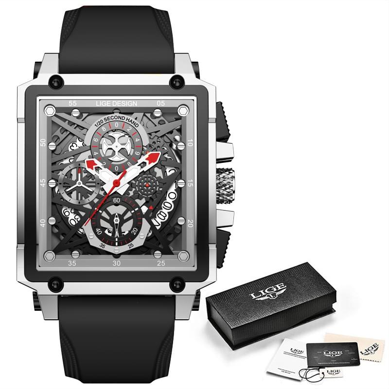 LIGE Reloj Cuadrado Multifunción para Hombre, Cronógrafo y Resistente al Agua 30M
