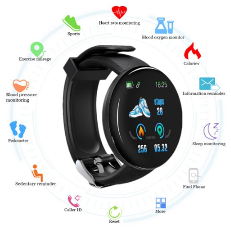 D18 Pulsera Inteligente con Pantalla Redonda, Ritmo Cardíaco y Podómetro - variante de color
