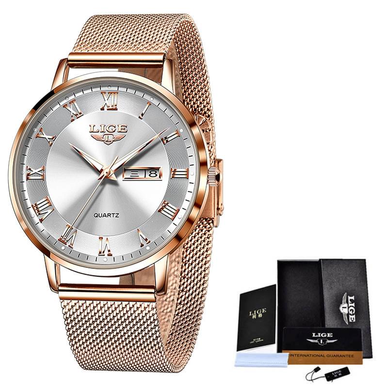 LIGE Reloj Ultra Delgado para Mujer, Doble Calendario y Correa de Malla Milanesa