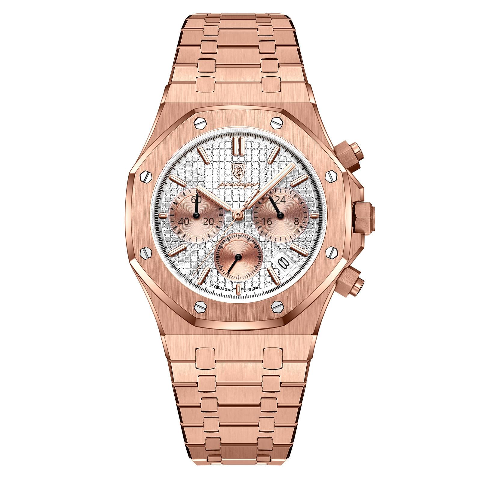 POEDAGAR Reloj de Cuarzo para Hombre, Cronógrafo y Correa de Acero Inoxidable