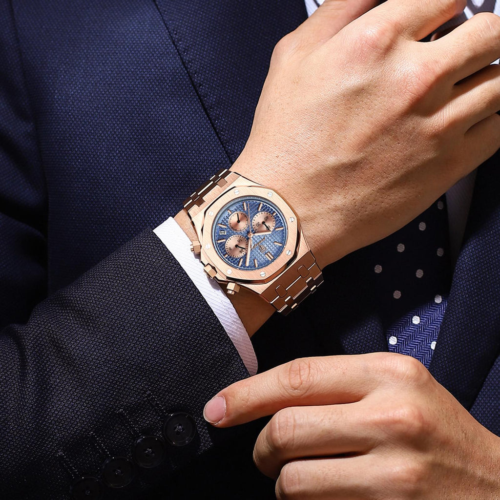 POEDAGAR Reloj de Cuarzo para Hombre, Cronógrafo y Correa de Acero Inoxidable