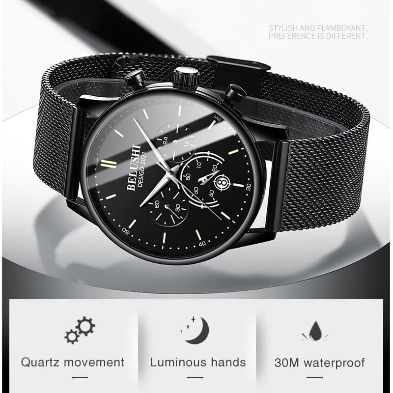 BELUSHI Reloj Ultra Delgado para Hombre, Correa Milanesa de Acero Inoxidable