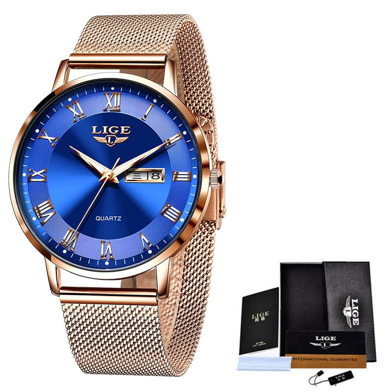 LIGE Reloj Ultra Delgado para Mujer, Doble Calendario y Correa de Malla Milanesa