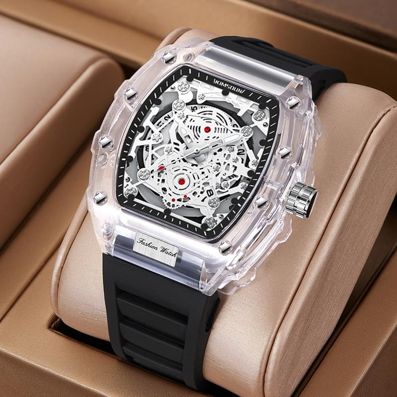 KIMSDUN Reloj de Cuarzo Barril Transparente para Hombre, Resistente al Agua