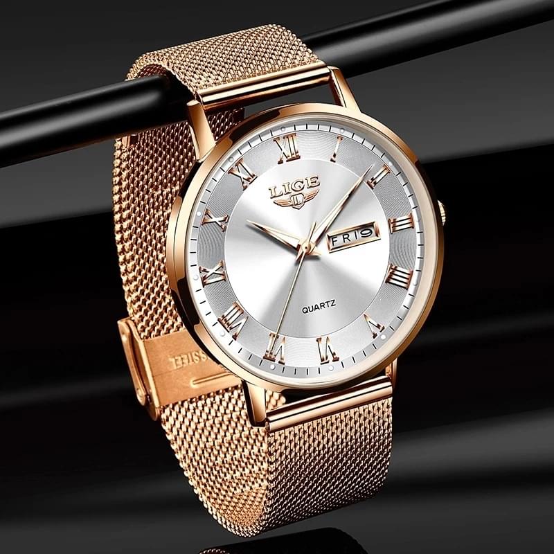 LIGE Reloj Ultra Delgado para Mujer, Doble Calendario y Correa de Malla Milanesa
