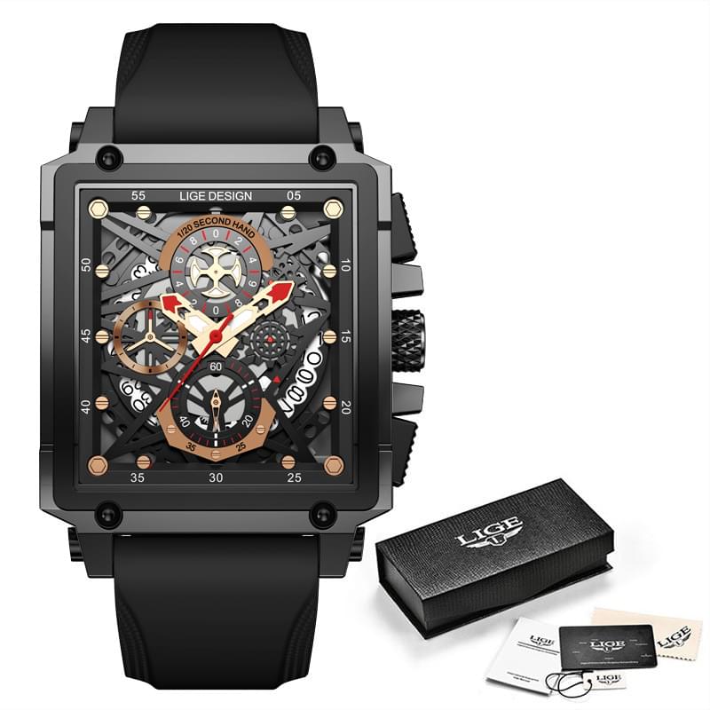 LIGE Reloj Cuadrado Multifunción para Hombre, Cronógrafo y Resistente al Agua 30M