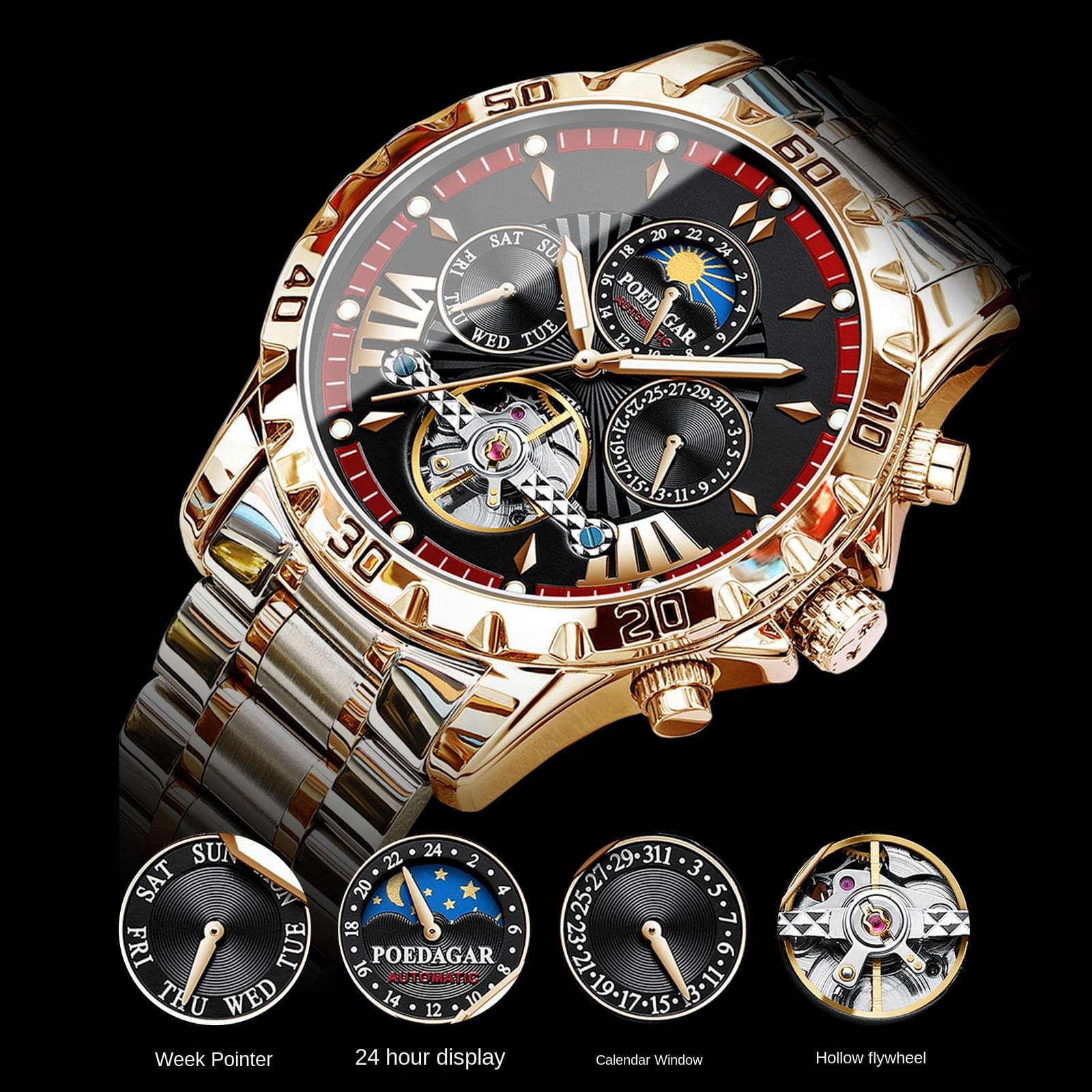 Reloj Mecánico Automático Berdagar para Hombre, Cristal de Zafiro y Fondo Transparente