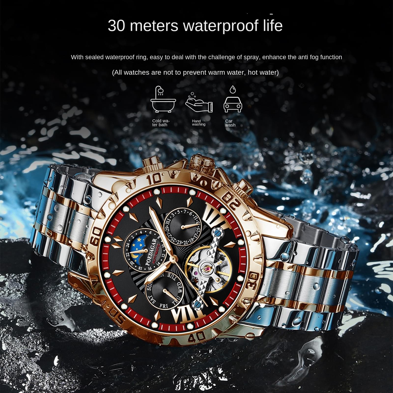 Reloj Mecánico Automático Berdagar para Hombre, Cristal de Zafiro y Fondo Transparente
