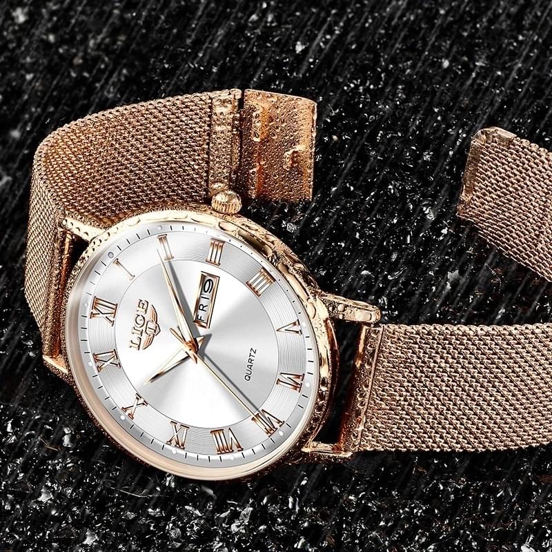 LIGE Reloj Ultra Delgado para Mujer, Doble Calendario y Correa de Malla Milanesa