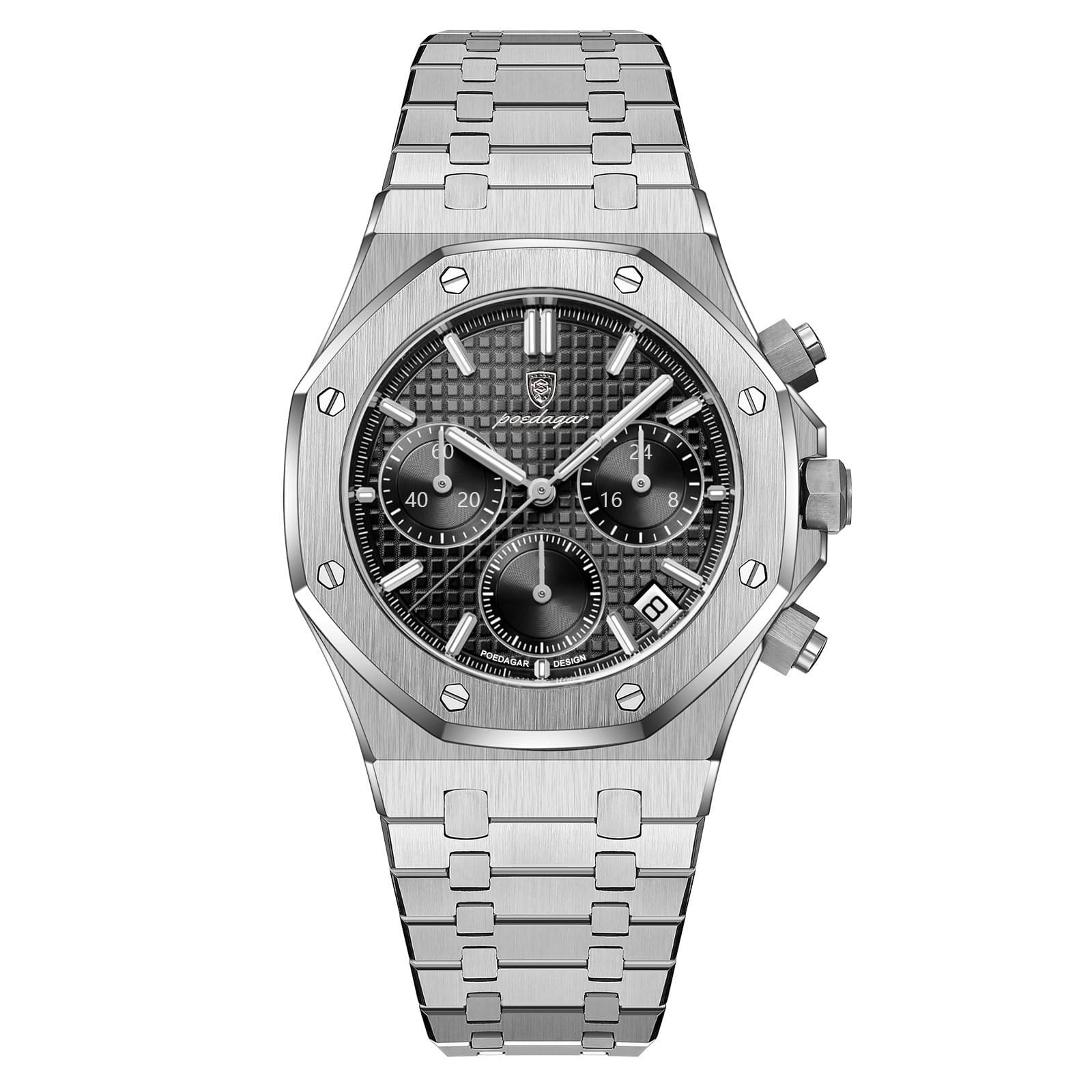 POEDAGAR Reloj de Cuarzo para Hombre, Cronógrafo y Correa de Acero Inoxidable