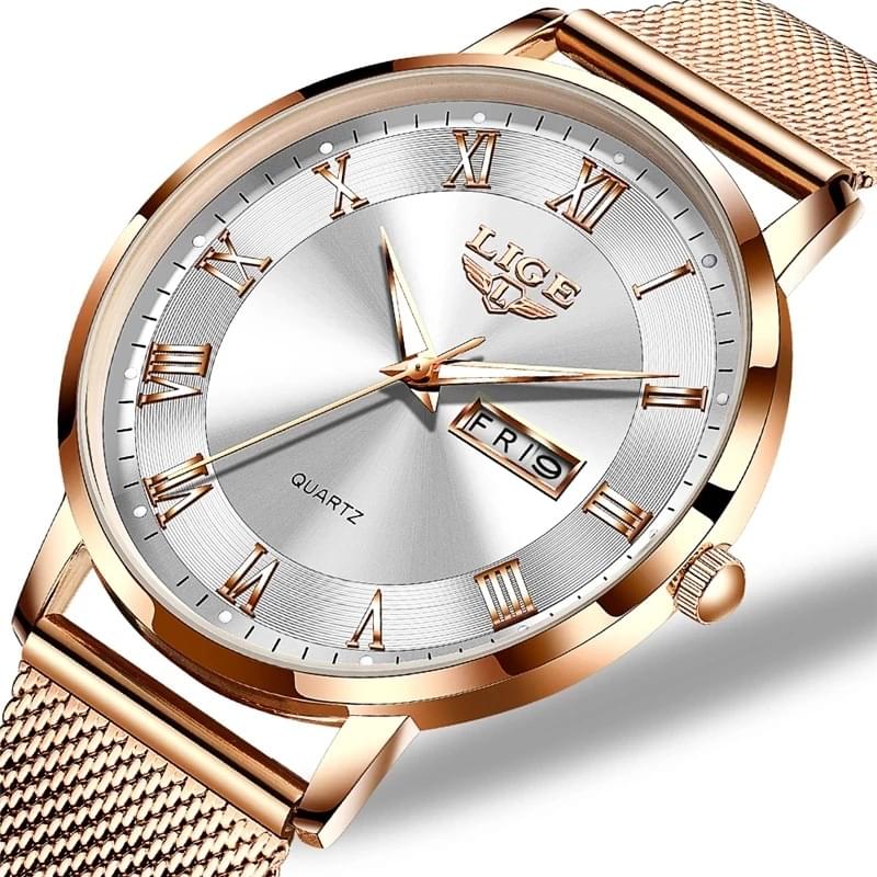 LIGE Reloj Ultra Delgado para Mujer, Doble Calendario y Correa de Malla Milanesa