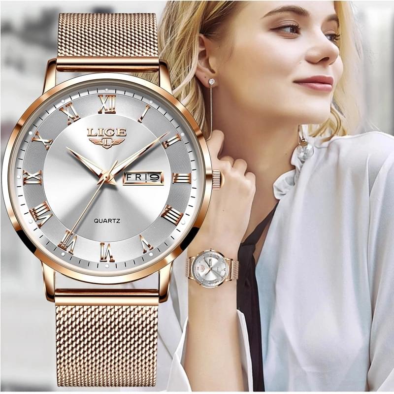 LIGE Reloj Ultra Delgado para Mujer, Doble Calendario y Correa de Malla Milanesa
